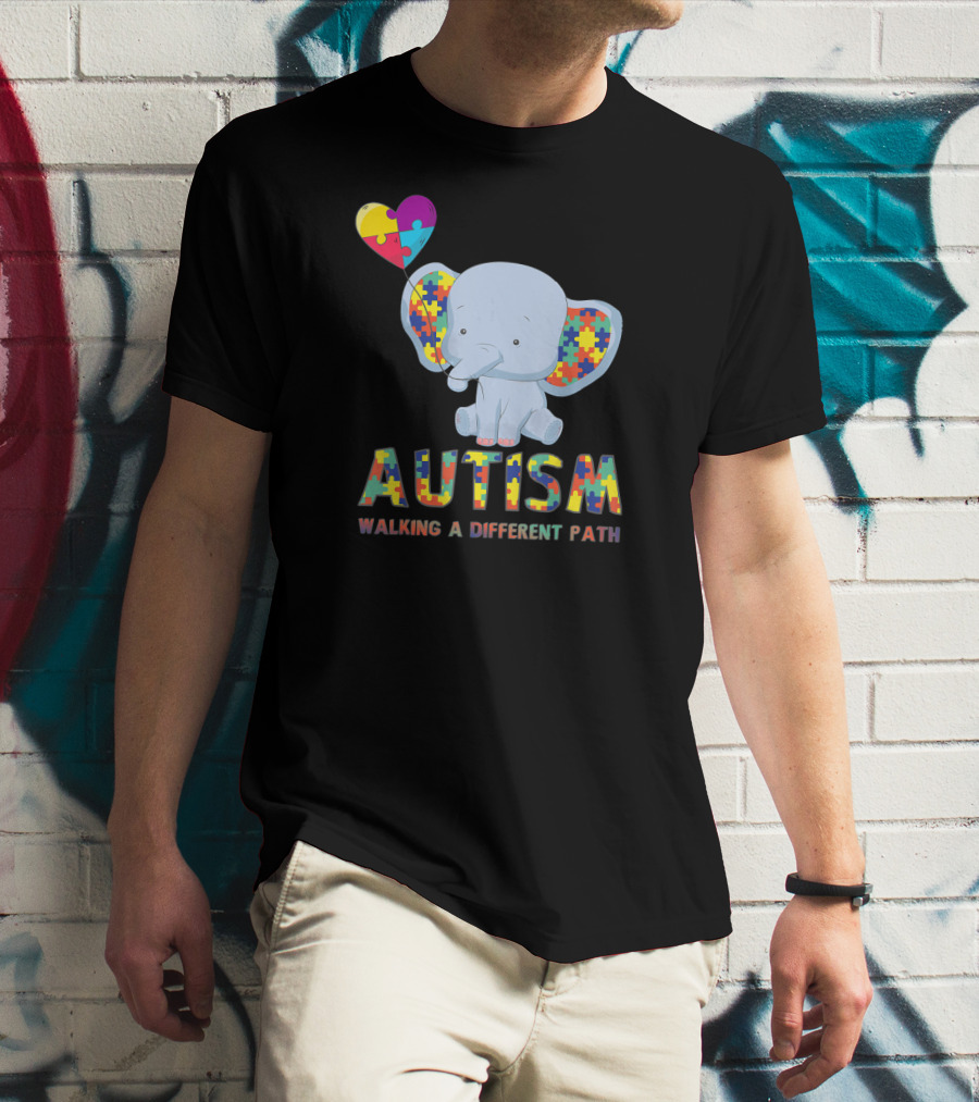 Autism Puzzle Piece Elephant Walking A Different Path T-Shirt