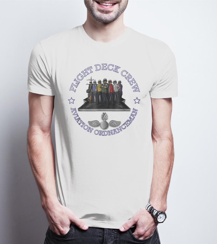 Flight Deck Crew Aviation Ordnanceman Team With Aircraft Carrier Background T-Shirt