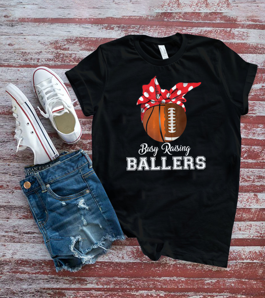 Basketball Football Busy Raising Ballers Polka Dot Bandana Typography T-Shirt