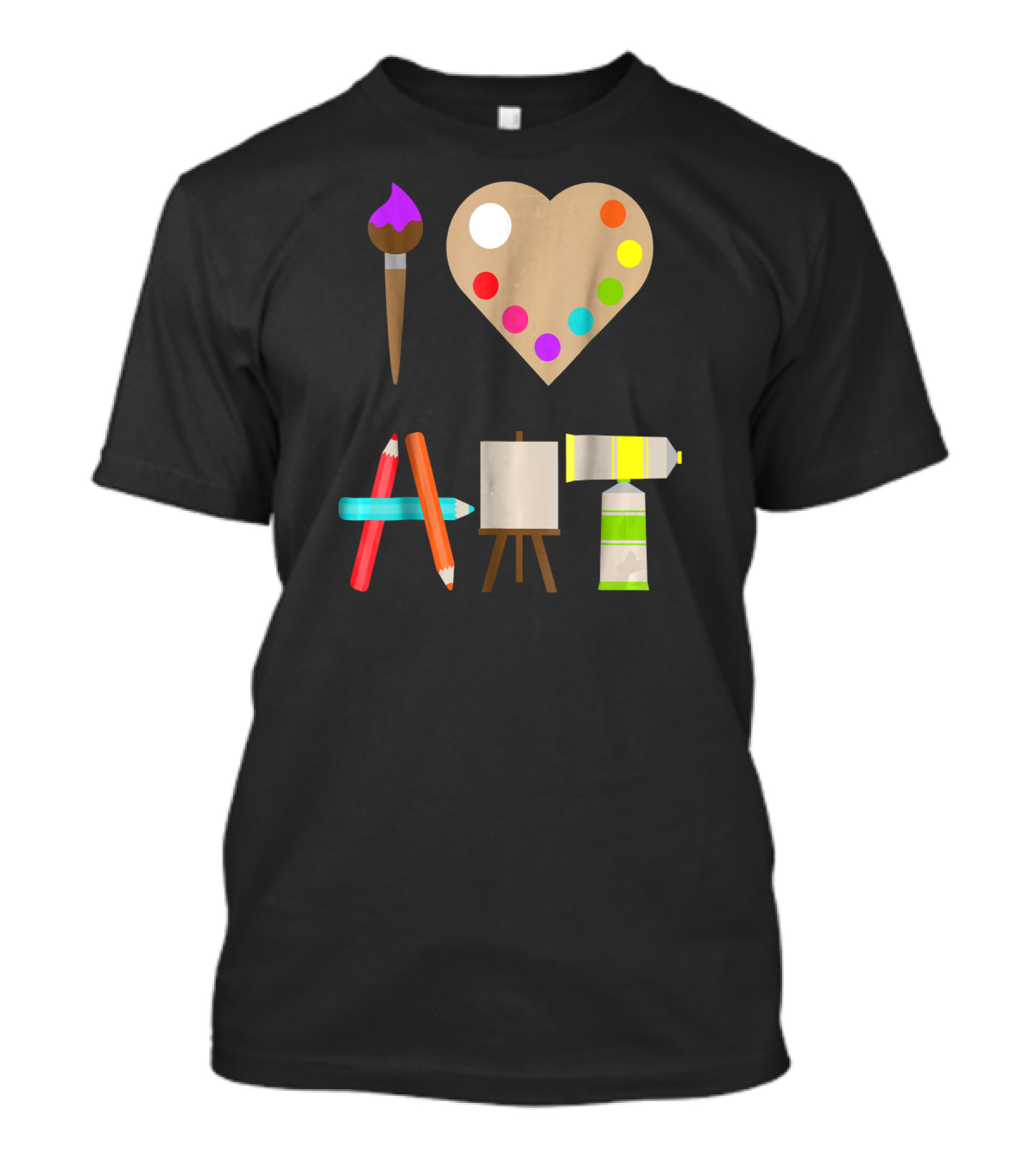 I LOVE ART FUN COLORFUL FUTURE ARTIST HEART PALETTE PAINTBRUSH PENCILS EASEL TUBE T-Shirt