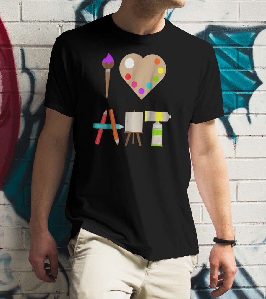 I LOVE ART FUN COLORFUL FUTURE ARTIST HEART PALETTE PAINTBRUSH PENCILS EASEL TUBE T-Shirt