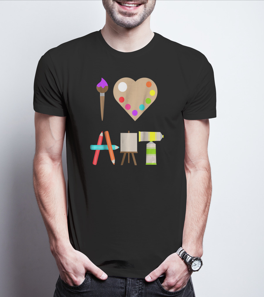 I LOVE ART FUN COLORFUL FUTURE ARTIST HEART PALETTE PAINTBRUSH PENCILS EASEL TUBE T-Shirt