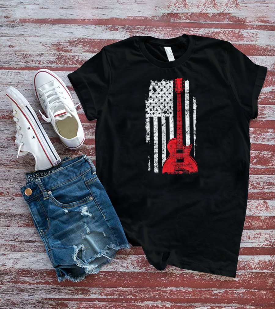 Red Guitar American Flag USA Music T-Shirt