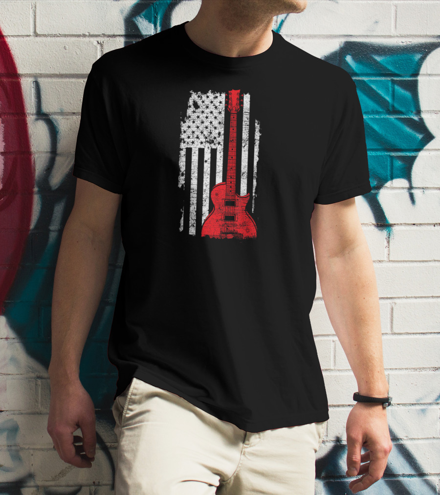 Red Guitar American Flag USA Music T-Shirt
