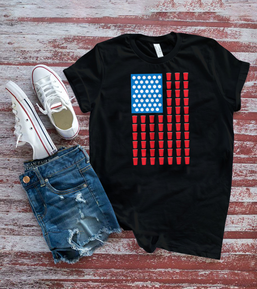 American Flag Beer Pong Red Cup Pattern Patriotic Party T-Shirt