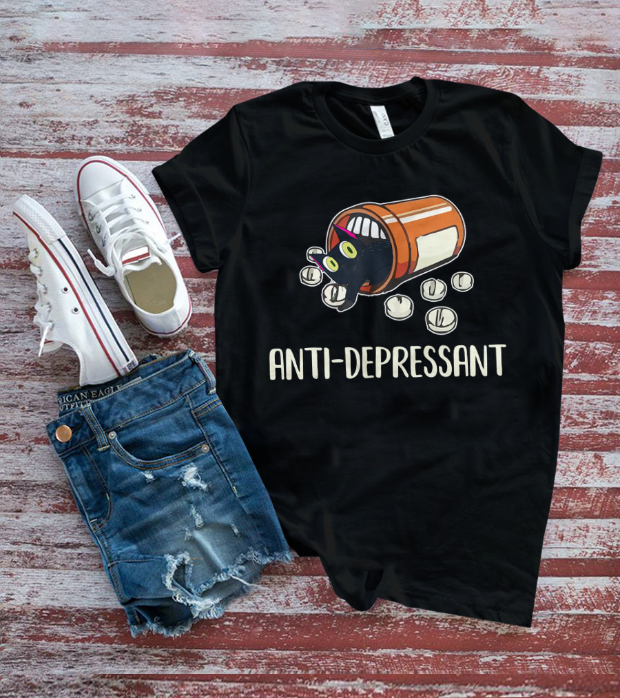 Anti-Depressant Funny Black Cat In Pill Bottle T-Shirt