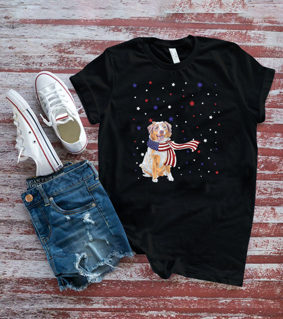 Australian Shepherd Dog With American Flag Scarf Surrounded By Stars T-Shirt