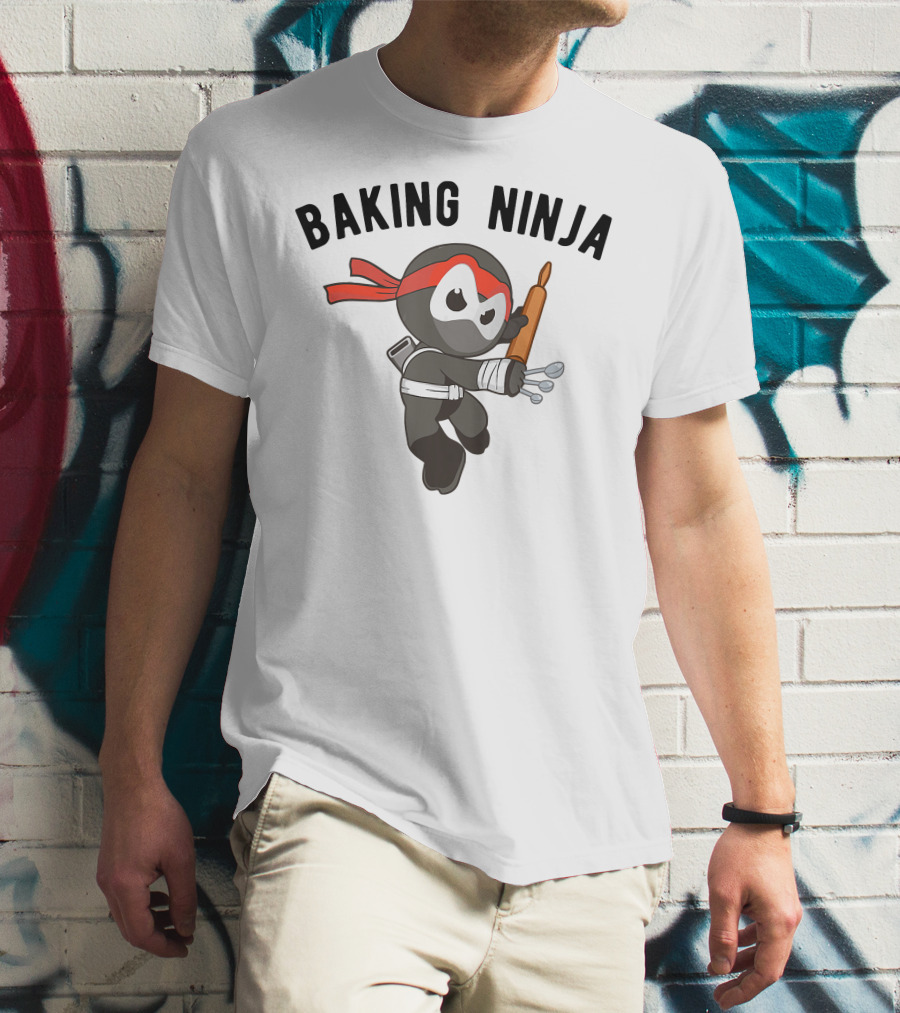 Baking Ninja Funny Ninjutsu Rolling Pin Warrior With Spoons And Red Headband T-Shirt