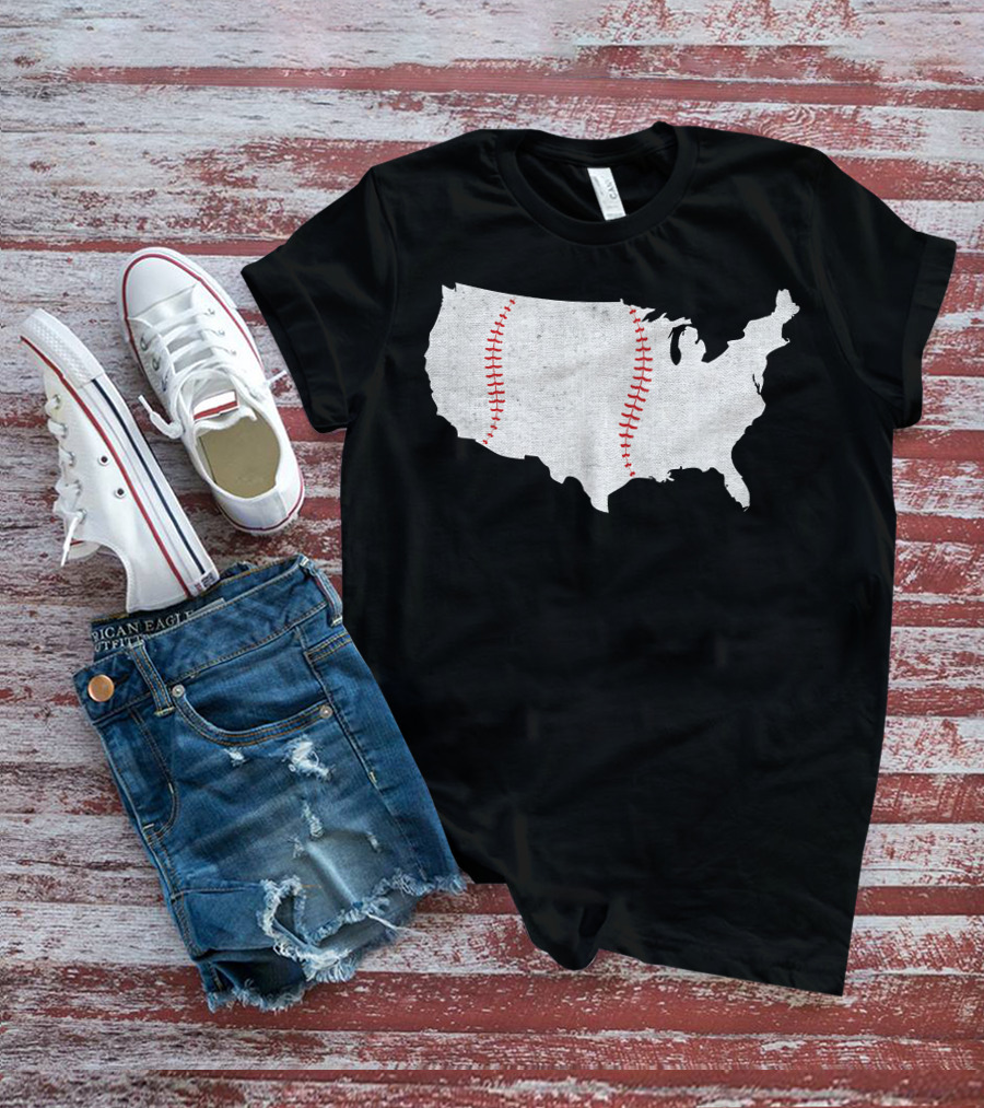 Baseball America's Pastime USA Map Stitching T-Shirt