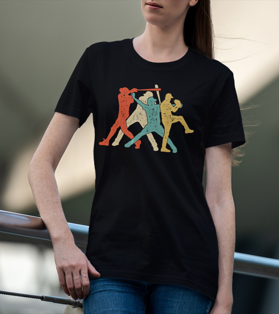 Baseball Retro Vintage Catch Player Silhouettes Batter Pitcher Action Runners T-Shirt