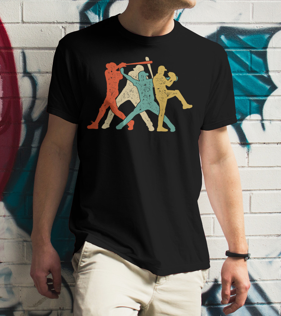 Baseball Retro Vintage Catch Player Silhouettes Batter Pitcher Action Runners T-Shirt