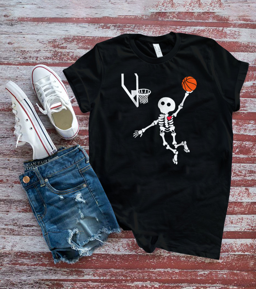 Basketball Skeleton Slam Dunk With Heart T-Shirt