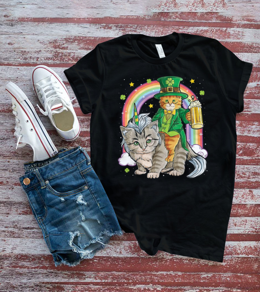 St. Patrick's Day Cat Riding Unicorn With Rainbow And Beer T-Shirt
