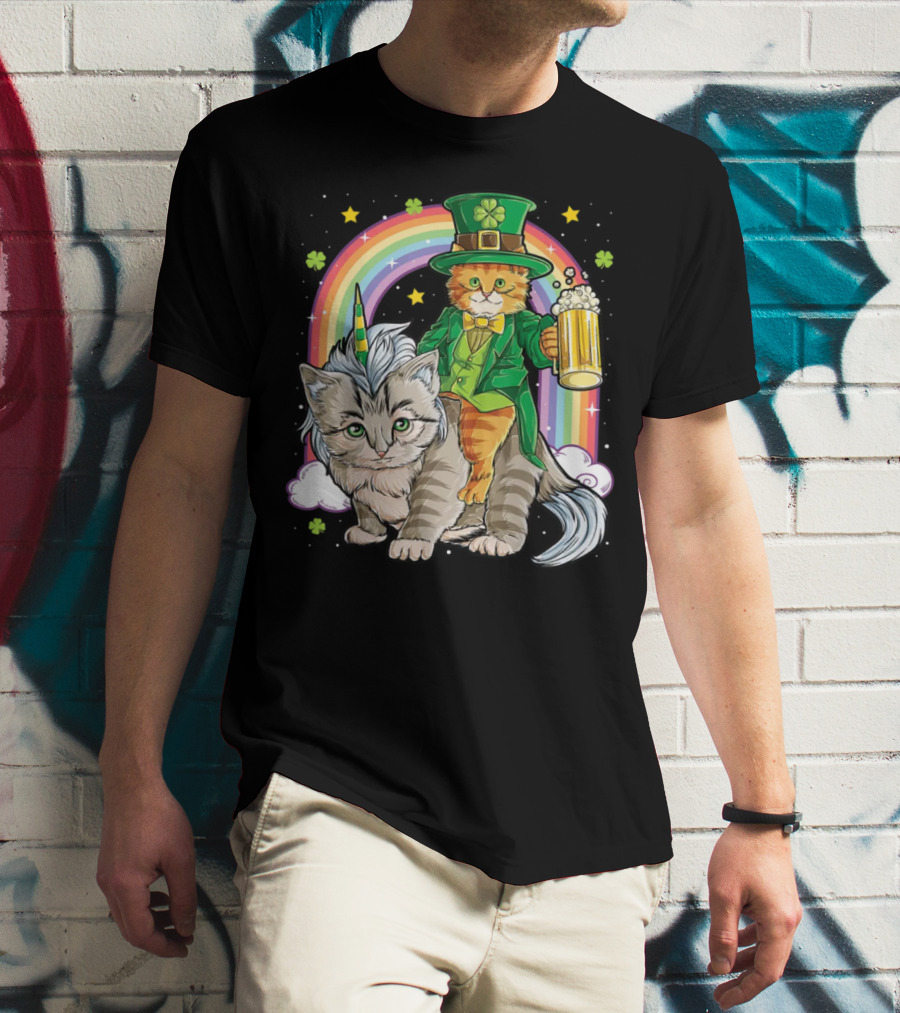 St. Patrick's Day Cat Riding Unicorn With Rainbow And Beer T-Shirt