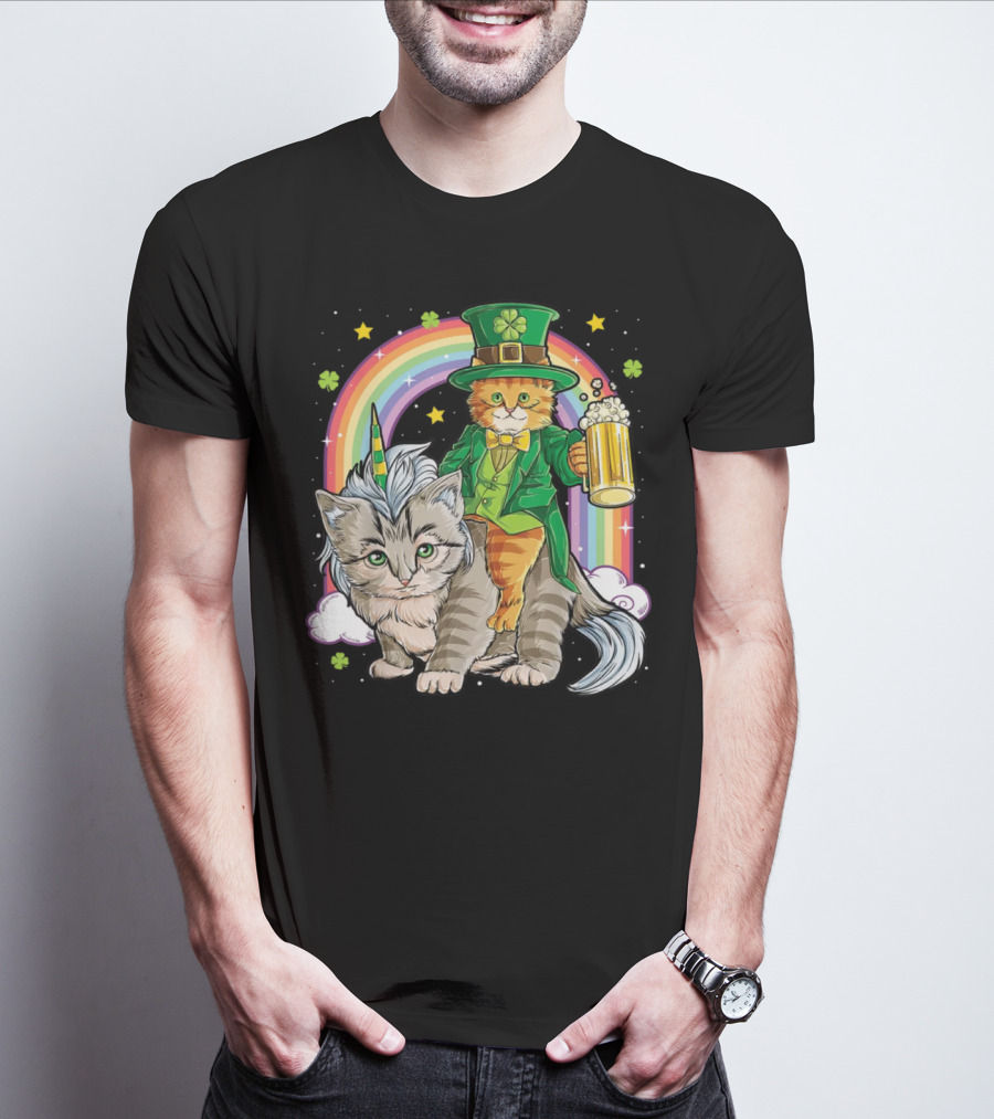 St. Patrick's Day Cat Riding Unicorn With Rainbow And Beer T-Shirt