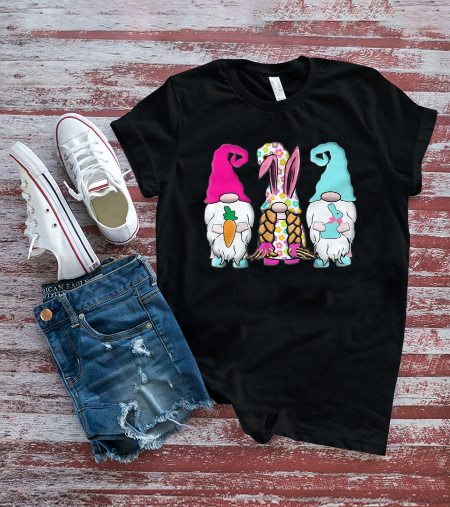3 Easter Gnomes Pastel Spring Bunny Ears Rabbit Carrot Floral T-Shirt