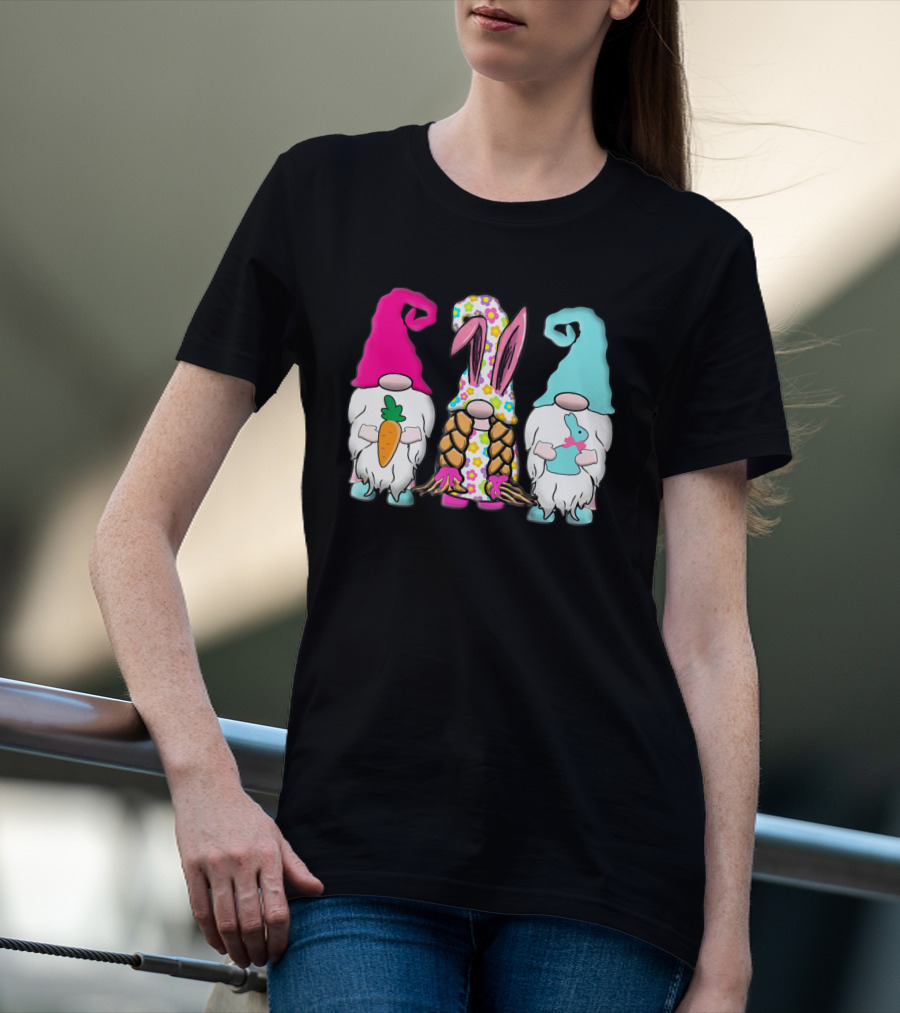 3 Easter Gnomes Pastel Spring Bunny Ears Rabbit Carrot Floral T-Shirt