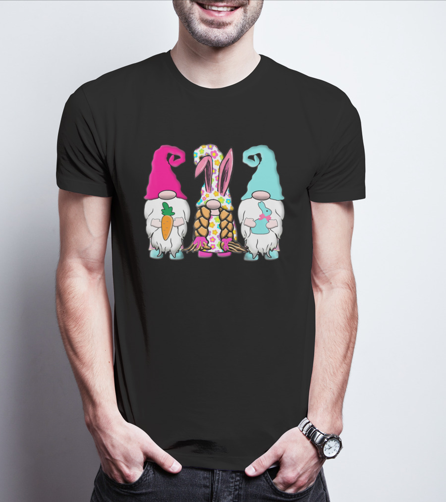 3 Easter Gnomes Pastel Spring Bunny Ears Rabbit Carrot Floral T-Shirt
