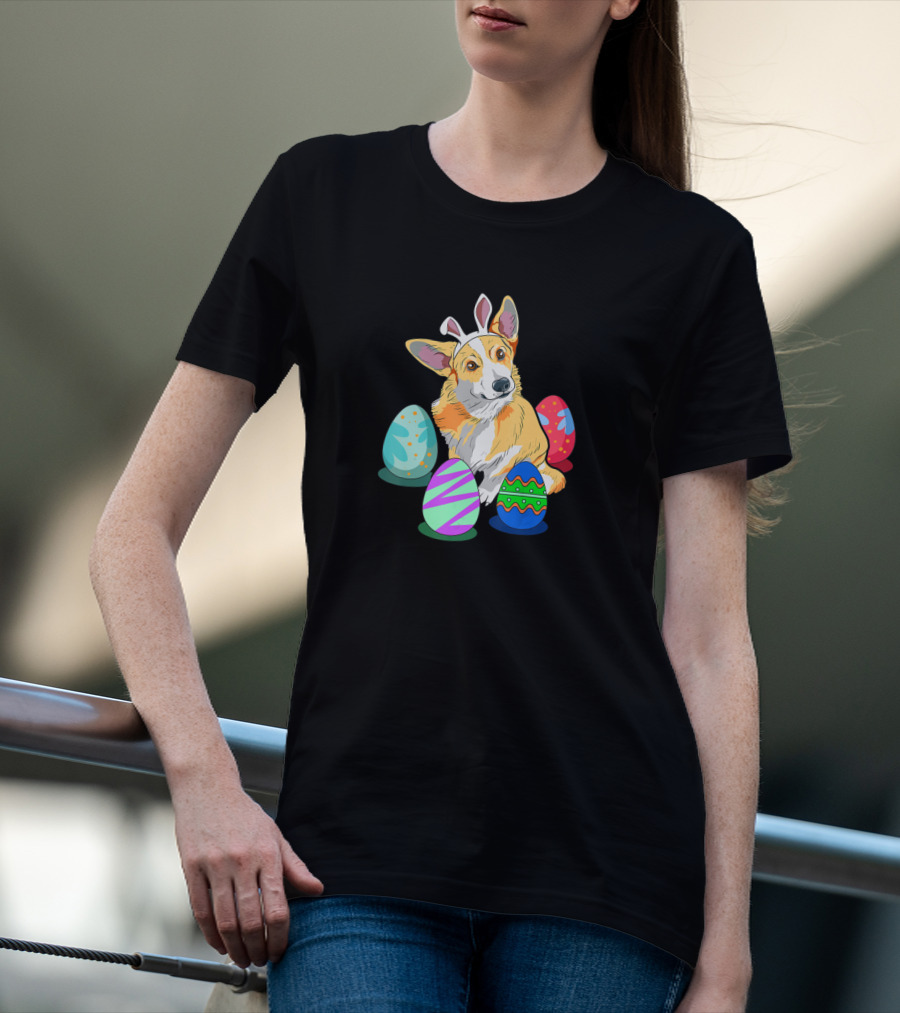 Corgi With Bunny Ears Surrounded By Colorful Easter Eggs T-Shirt