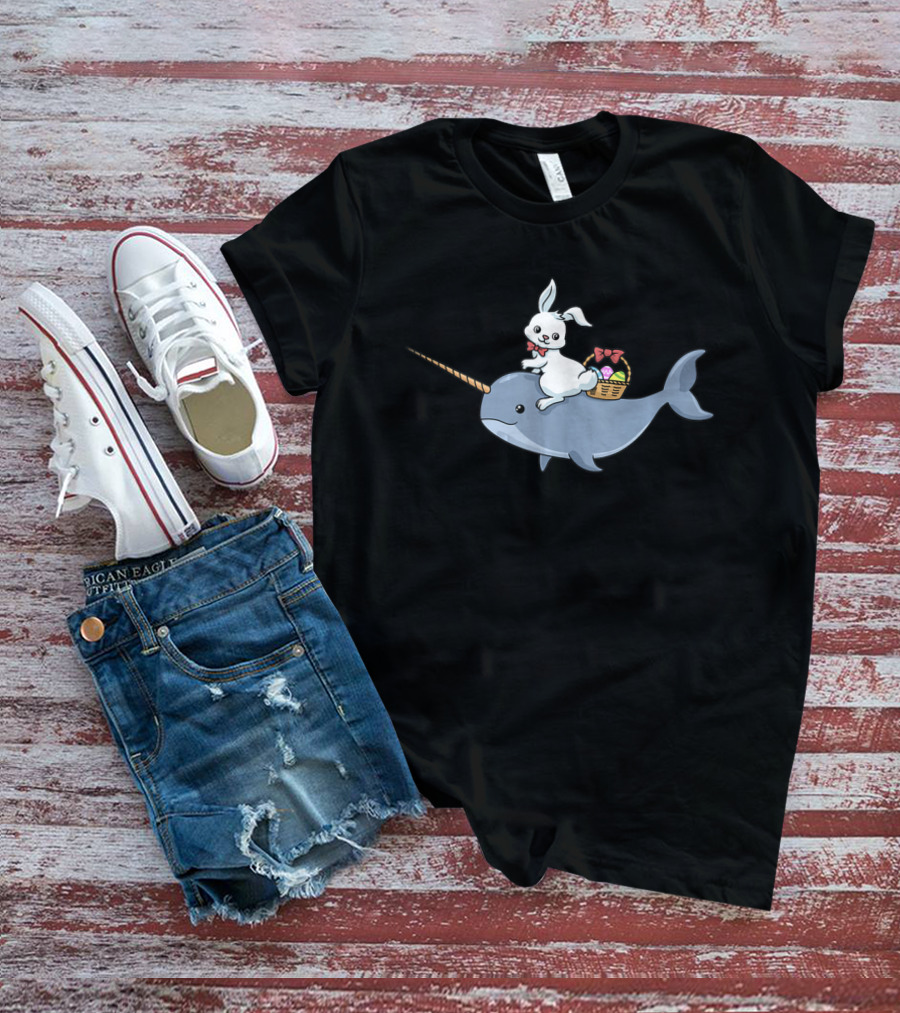 Easter Bunny Rabbit Riding Narwhal With Egg Basket T-Shirt