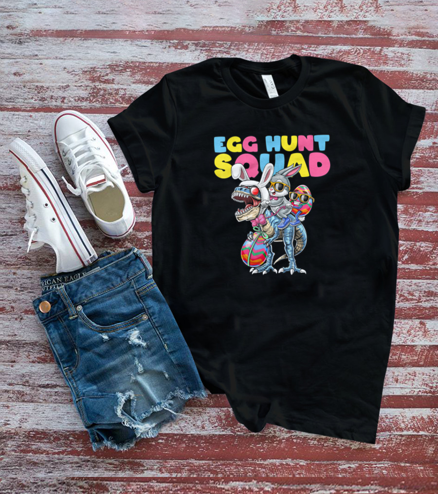 Egg Hunt Squad Easter Bunny Dinosaur With Rabbit Ears And Sunglasses T-Shirt