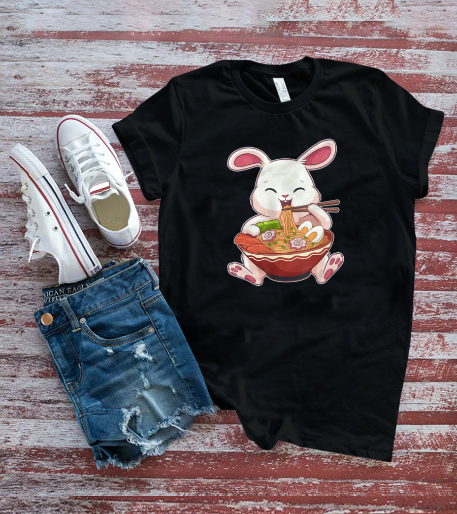 Kawaii Japanese Easter Bunny Eating Ramen Noodles With Egg T-Shirt