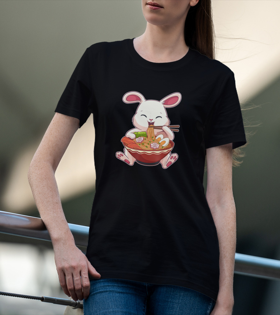 Kawaii Japanese Easter Bunny Eating Ramen Noodles With Egg T-Shirt