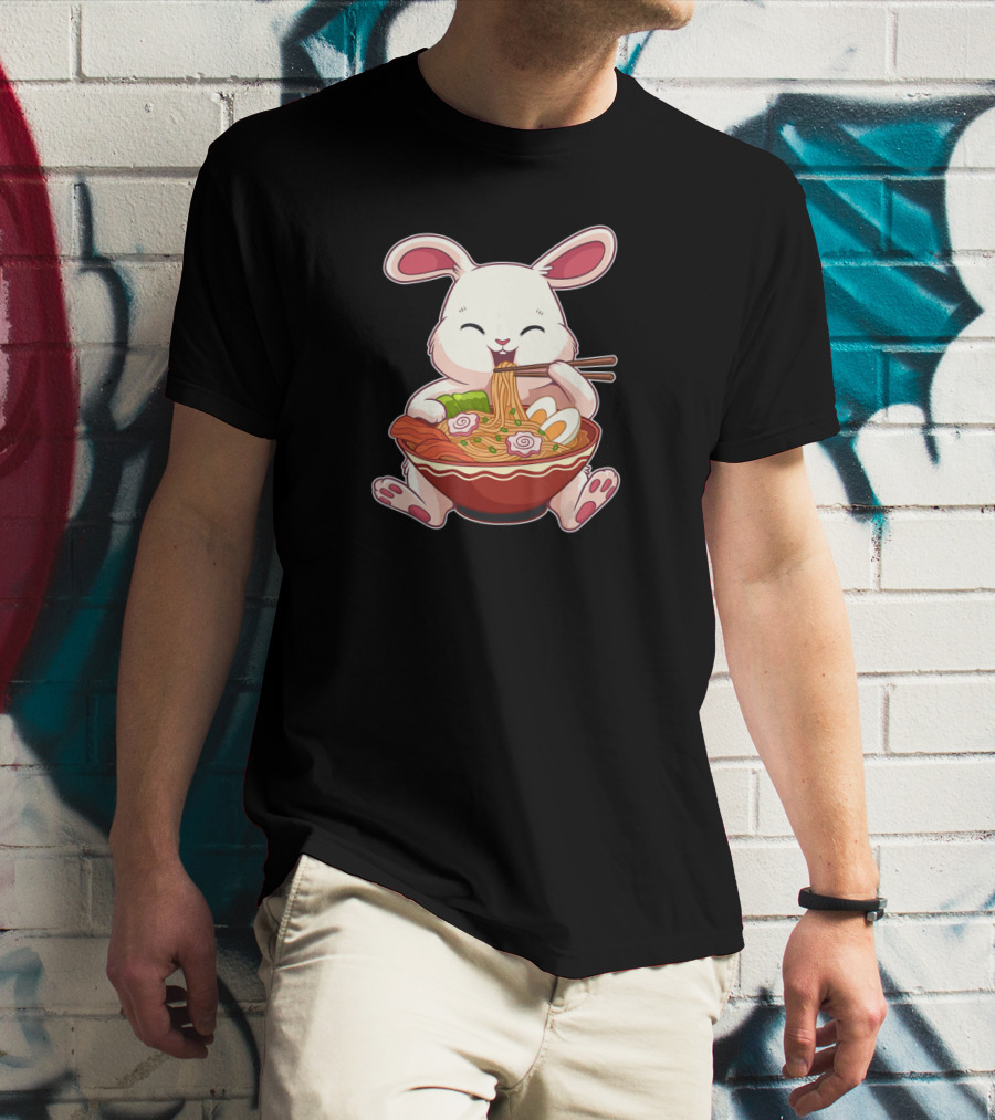 Kawaii Japanese Easter Bunny Eating Ramen Noodles With Egg T-Shirt