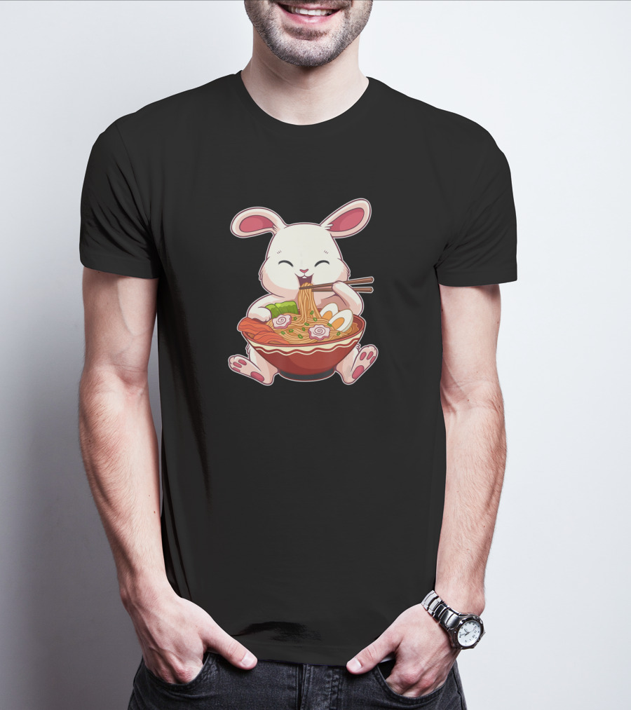 Kawaii Japanese Easter Bunny Eating Ramen Noodles With Egg T-Shirt
