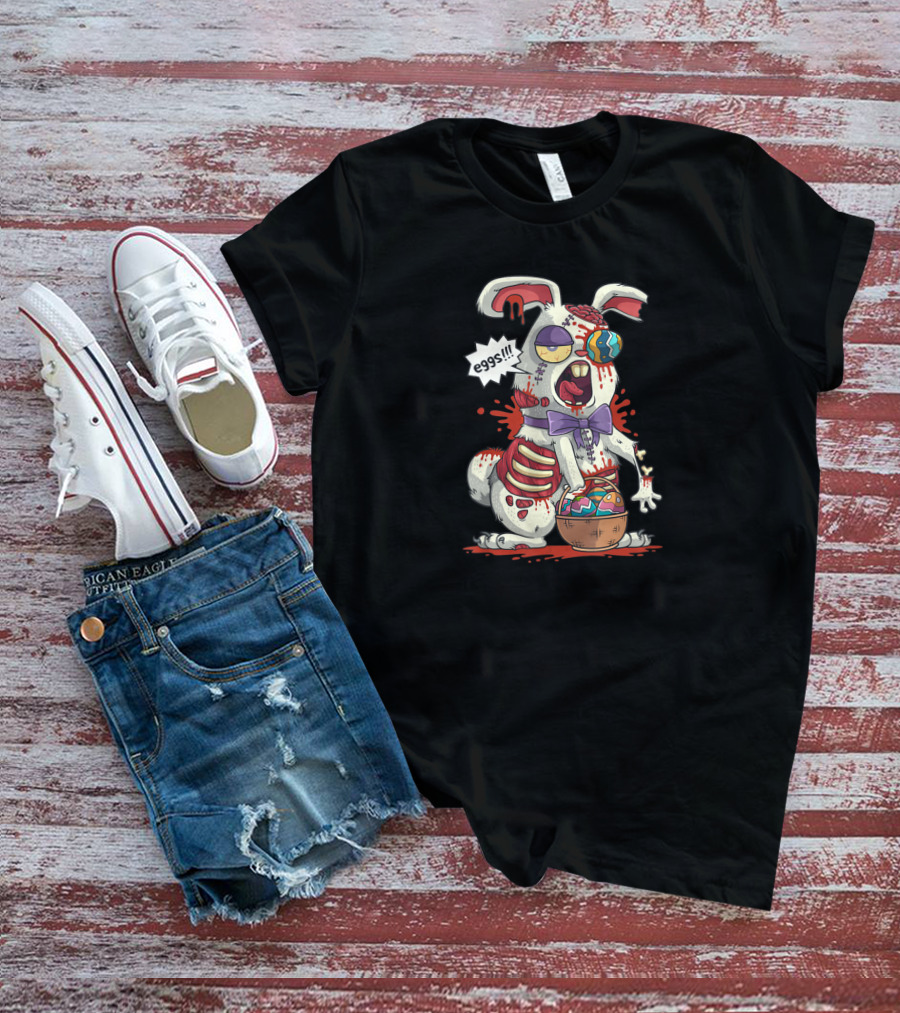Kawaii Zombie Easter Bunny With Eggs Basket And Purple Bow In Colorful Easter Egg Hunt T-Shirt