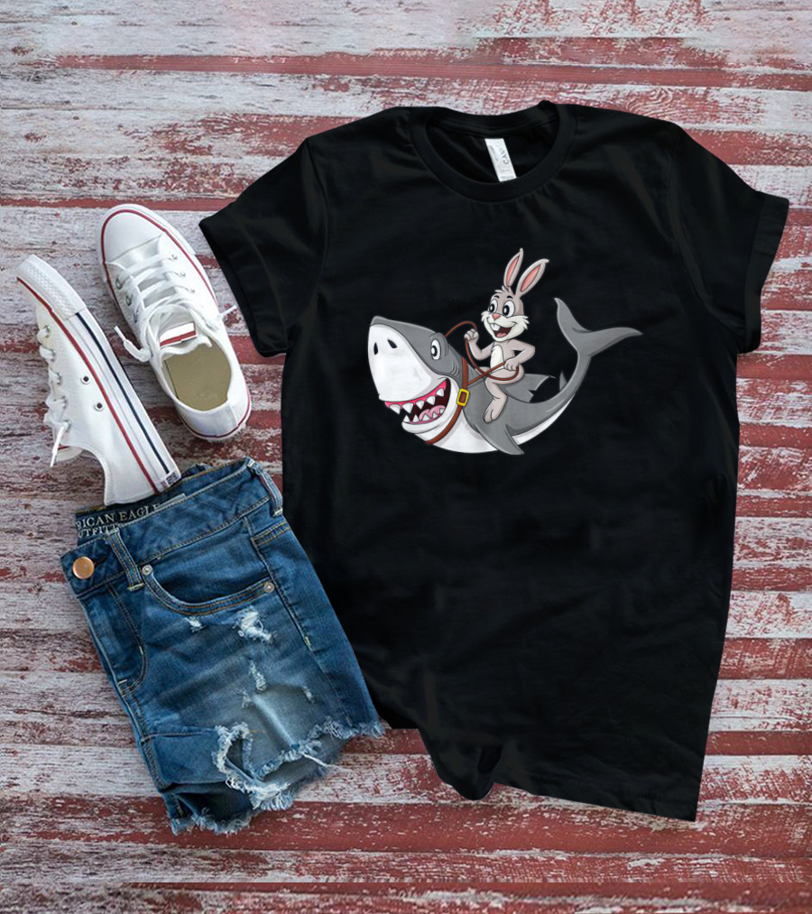 Rabbit Riding Shark Cartoon Easter Humor T-Shirt