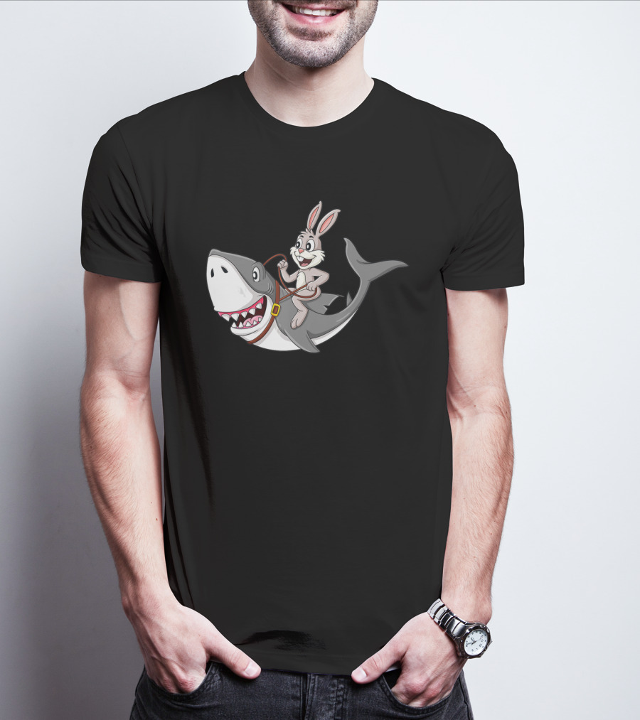 Rabbit Riding Shark Cartoon Easter Humor T-Shirt