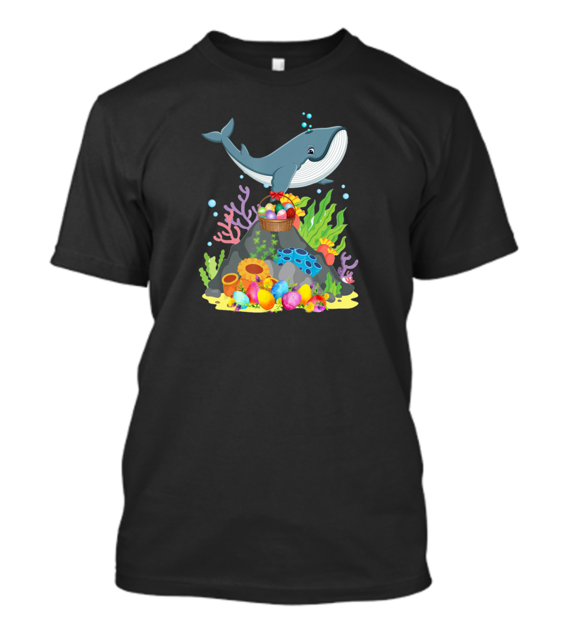 Whale Easter Day Funny Whale With Colorful Eggs And Coral Reef Scene T-Shirt