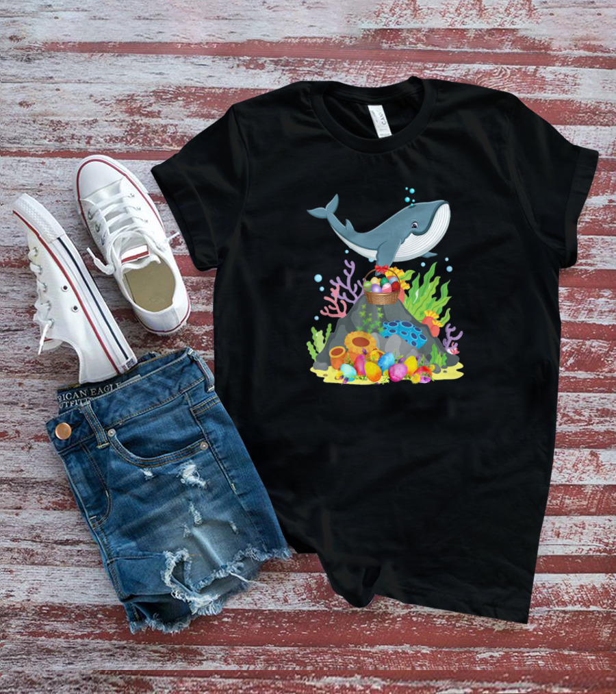Whale Easter Day Funny Whale With Colorful Eggs And Coral Reef Scene T-Shirt