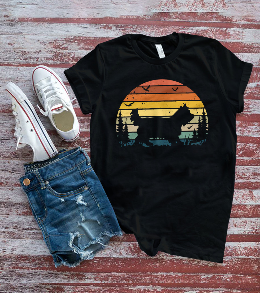 Yorkipoo Vintage Retro Sunset Silhouette With Birds And Trees T-Shirt