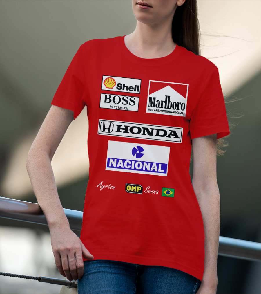 Shell Boss Marlboro McLaren Honda Nacional Ayrton Senna OMP Brazil Flag T-Shirt