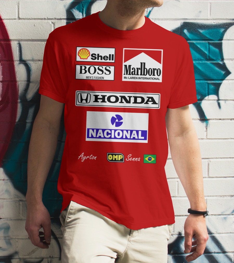 Shell Boss Marlboro McLaren Honda Nacional Ayrton Senna OMP Brazil Flag T-Shirt
