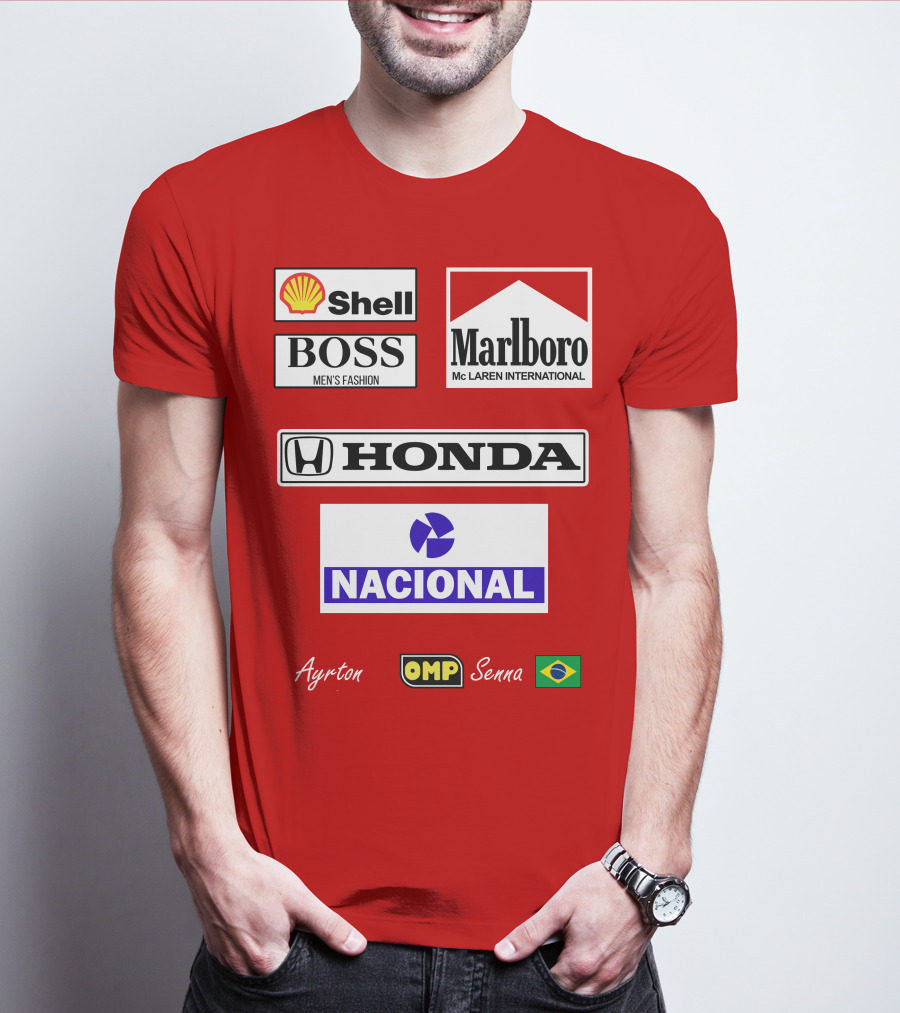Shell Boss Marlboro McLaren Honda Nacional Ayrton Senna OMP Brazil Flag T-Shirt