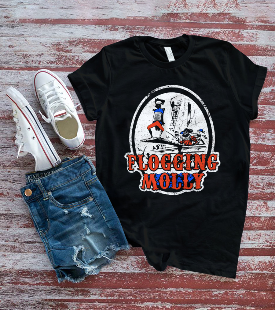 FLOGGING MOLLY Walk The Plank Pirate 7 Distressed Red And Blue T-Shirt