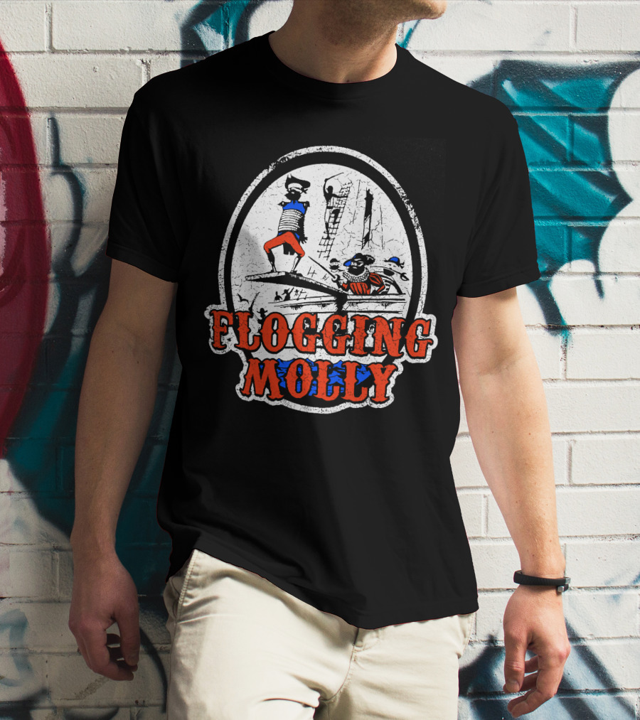 FLOGGING MOLLY Walk The Plank Pirate 7 Distressed Red And Blue T-Shirt