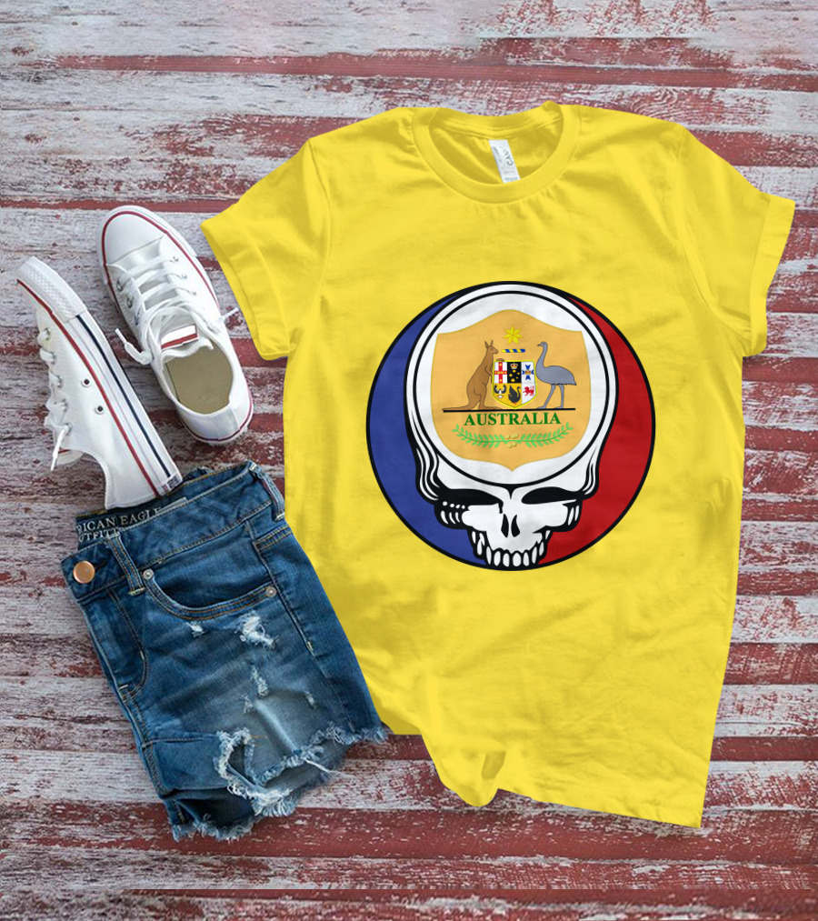 Australia National Football Team Grateful Dead Skull Emblem With Kangaroo And Emu Crest T-Shirt