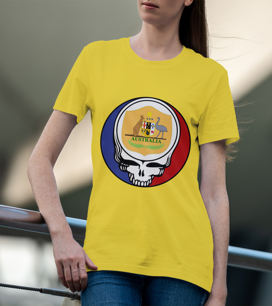 Australia National Football Team Grateful Dead Skull Emblem With Kangaroo And Emu Crest T-Shirt