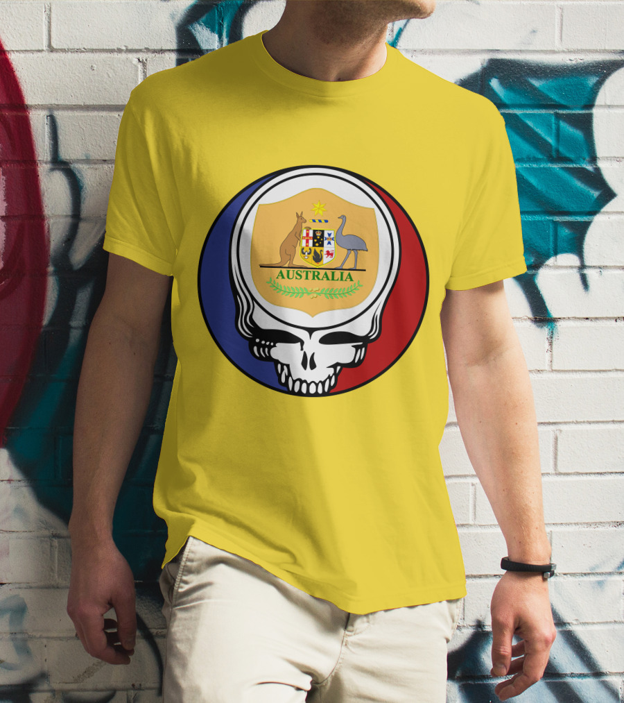 Australia National Football Team Grateful Dead Skull Emblem With Kangaroo And Emu Crest T-Shirt
