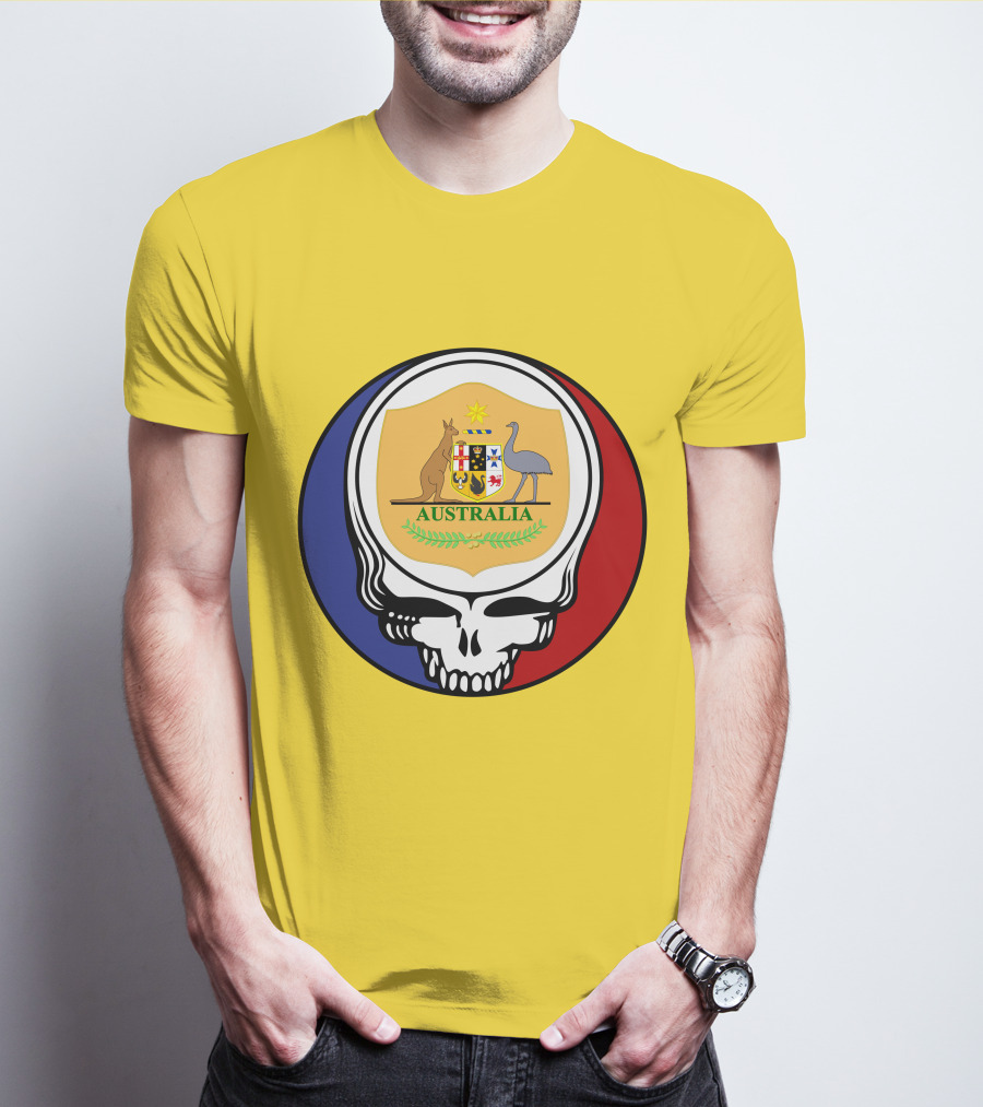 Australia National Football Team Grateful Dead Skull Emblem With Kangaroo And Emu Crest T-Shirt