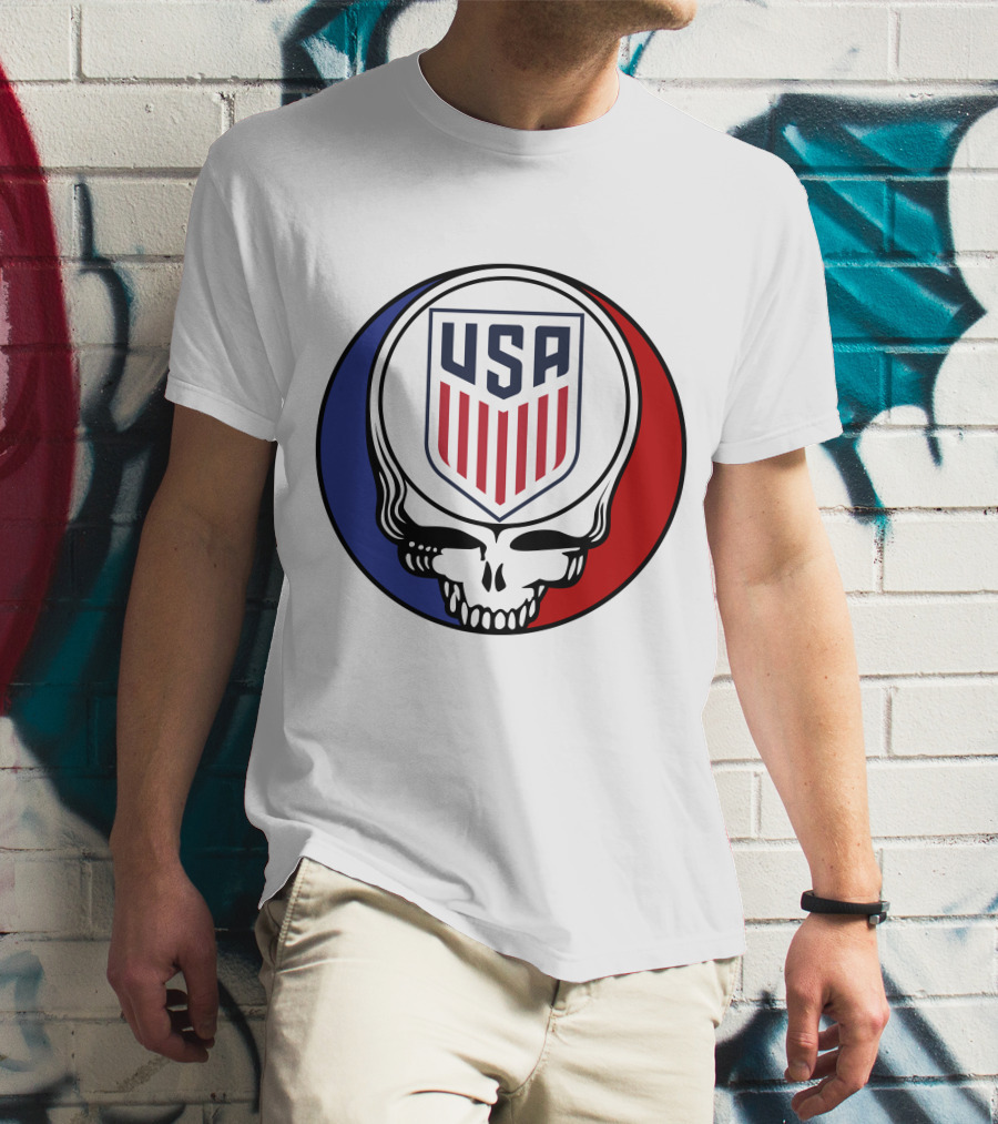 USA Soccer Grateful Dead Skull Logo Red Blue Badge T-Shirt