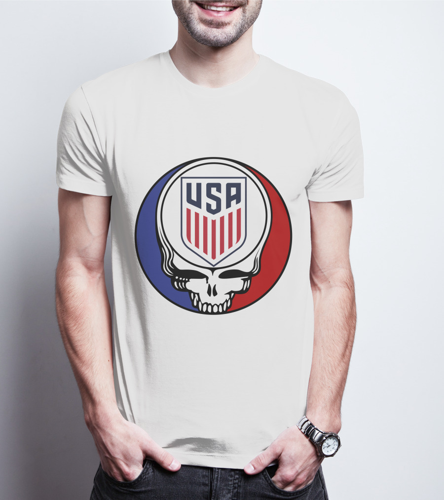 USA Soccer Grateful Dead Skull Logo Red Blue Badge T-Shirt