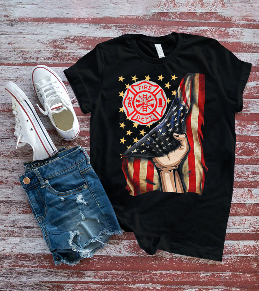 Fire Dept American Firefighter Flag Stars T-Shirt