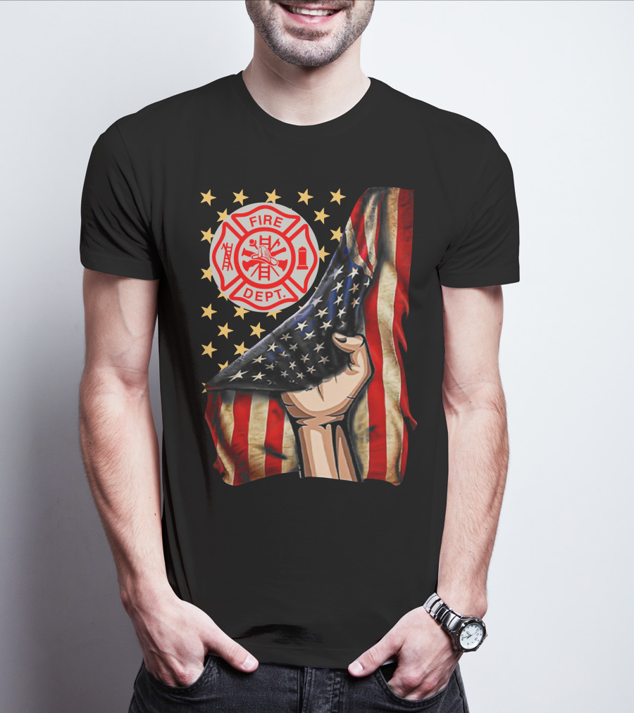 Fire Dept American Firefighter Flag Stars T-Shirt