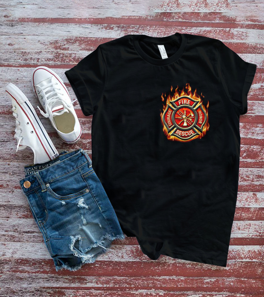 FIREFIGHTER AMERICAN MADE COURAGE HONOR FIRE RESCUE FLAME EMBLEM T-Shirt