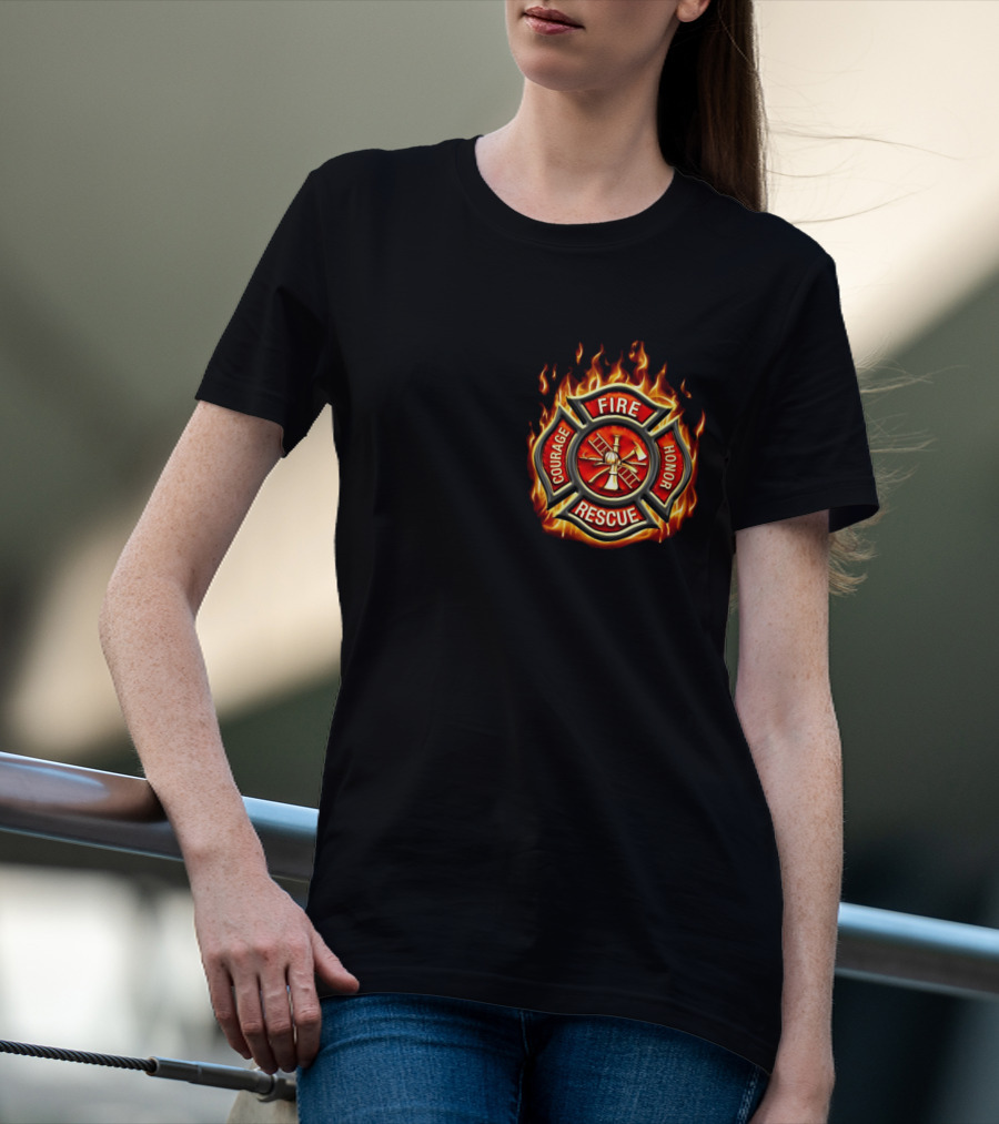 FIREFIGHTER AMERICAN MADE COURAGE HONOR FIRE RESCUE FLAME EMBLEM T-Shirt